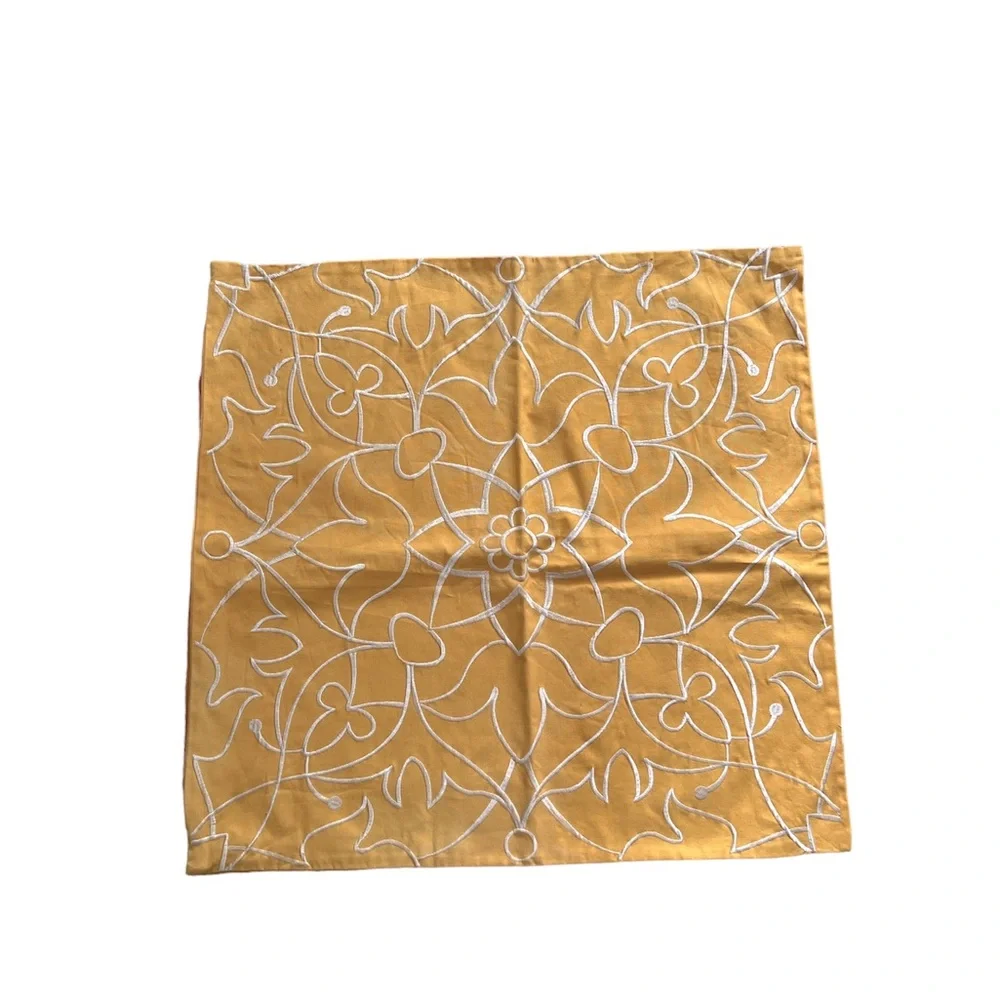 Accent pillow cover yellow with white embroidery  design 23X23” new no tags
